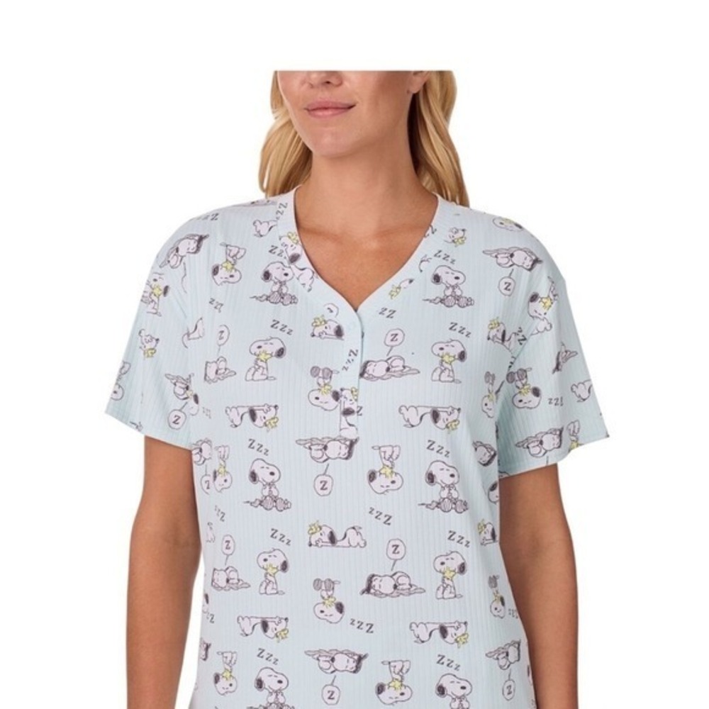 Peanuts Snoopy Pajamas Set Women 2XL Aqua Blue New 2pc Button Down Sleepwear